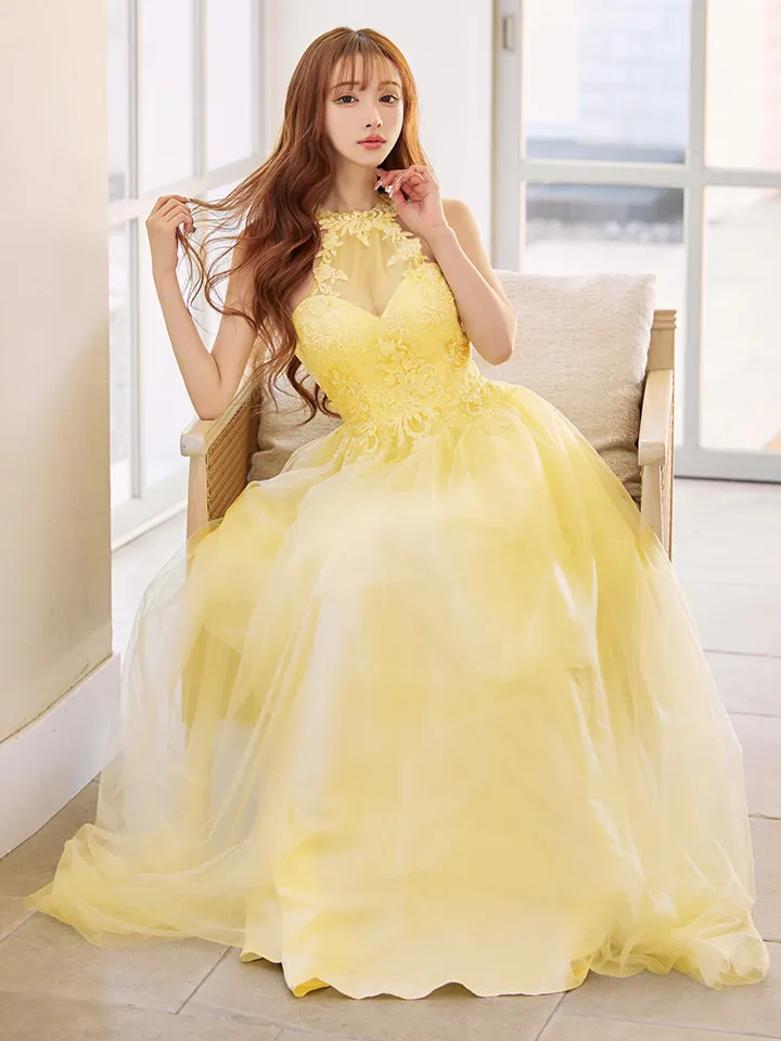 【Lip line/リップライン】ラインストーン/ フラワー刺繍/ ノースリーブ/ バストシアー/ チュール/ フレア/ ロングドレス/ キャバドレス long3