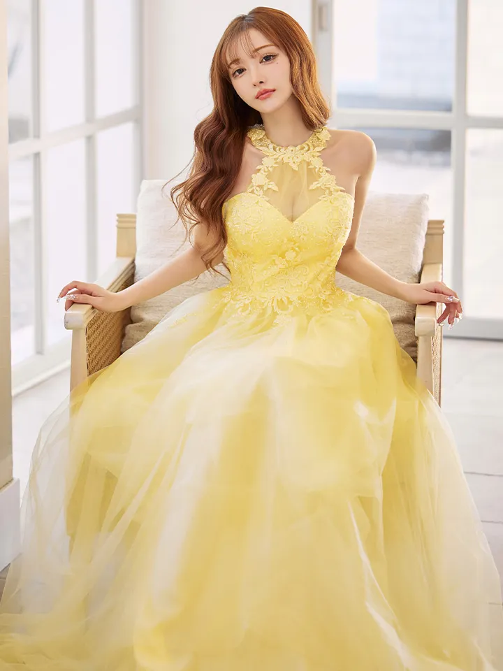 【Lip line/リップライン】ラインストーン/ フラワー刺繍/ ノースリーブ/ バストシアー/ チュール/ フレア/ ロングドレス/ キャバドレス long4