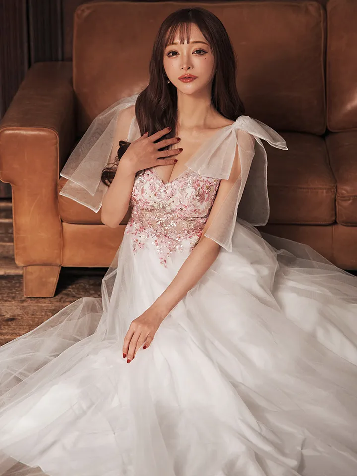 【Lip line/リップライン】フラワー刺繍/ ビーズ/ ノースリーブ/ シアー/ チュール/ ショルダーリボン/ フレア/ ロングドレス/ キャバドレス long4