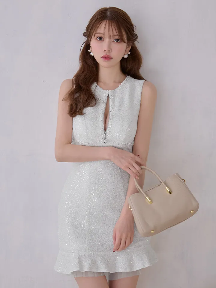 【JOLIESSE/ジョリエス】フリル/ バストジップ/ スパンコール/ パール/ ビジュー/ ノースリーブ/ タイト/ ミニドレス/ キャバドレス4