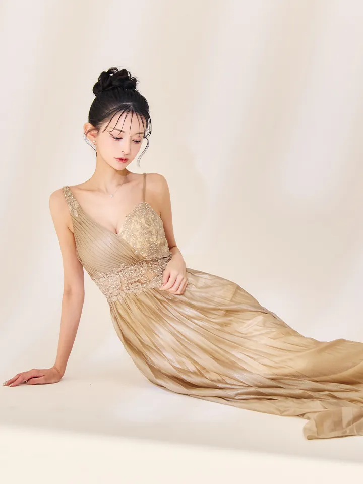 【Lip line/リップライン】プリーツ/ アシンメトリー/ 刺繍/ キャミソール/ ノースリーブ/ シアー/ Aライン/ ロングドレス/ キャバドレス5