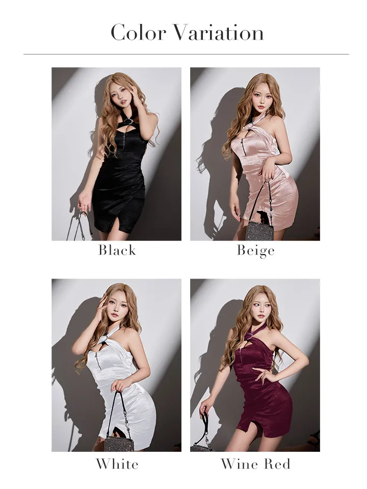 XSサイズあり【ANDY/アンディ】クロスホルター/ ストレッチ/ サテン/ ビジューバックル/ バストジップ/ タイト/ ミニドレス/ カラバリ