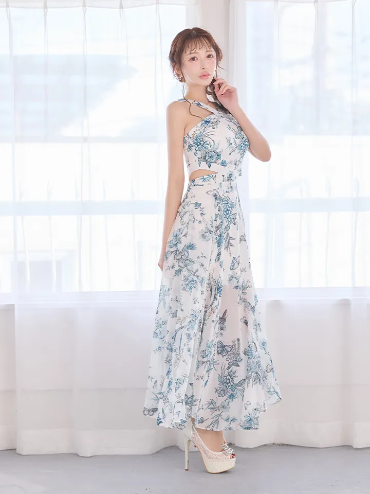 【ANDY/アンディ】フラワープリント/ ウエストカットアウト/ ノースリーブ/ シフォン/ 総柄/ フレア/ ワンピース/ ロングドレス/ キャバドレス1