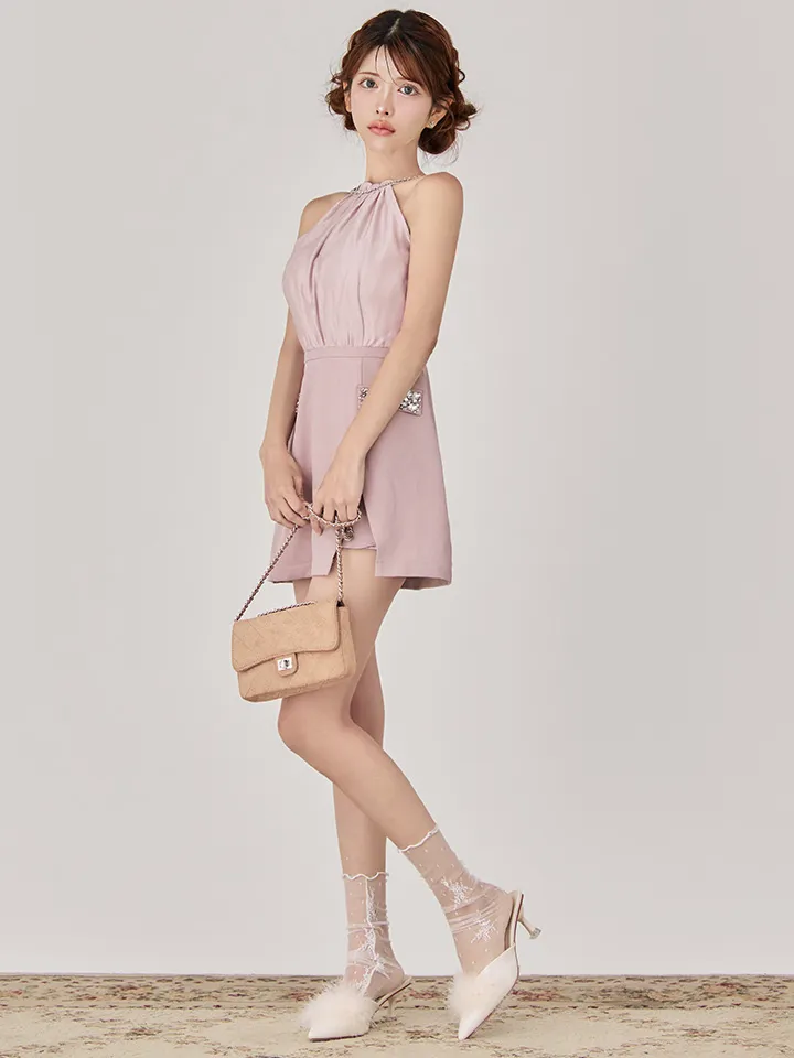 【Anier ROBE./アニエルローブ】【ROBE de FLEURS/ローブドフルール】Satin Bijou back open halter mini dress/ サテン/ ビジュー/ バックオープン/ ホルター/ ミニドレス/ キャバドレス1