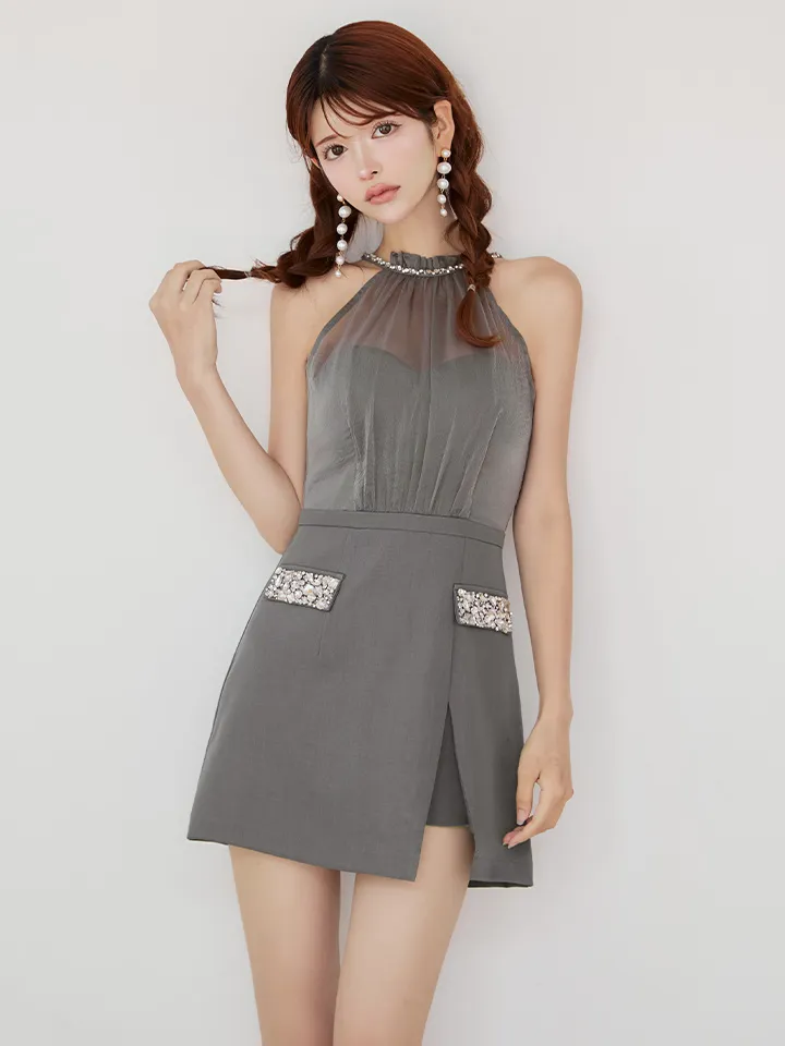 【Anier ROBE./アニエルローブ】【ROBE de FLEURS/ローブドフルール】Satin Bijou back open halter mini dress/ サテン/ ビジュー/ バックオープン/ ホルター/ ミニドレス/ キャバドレス1