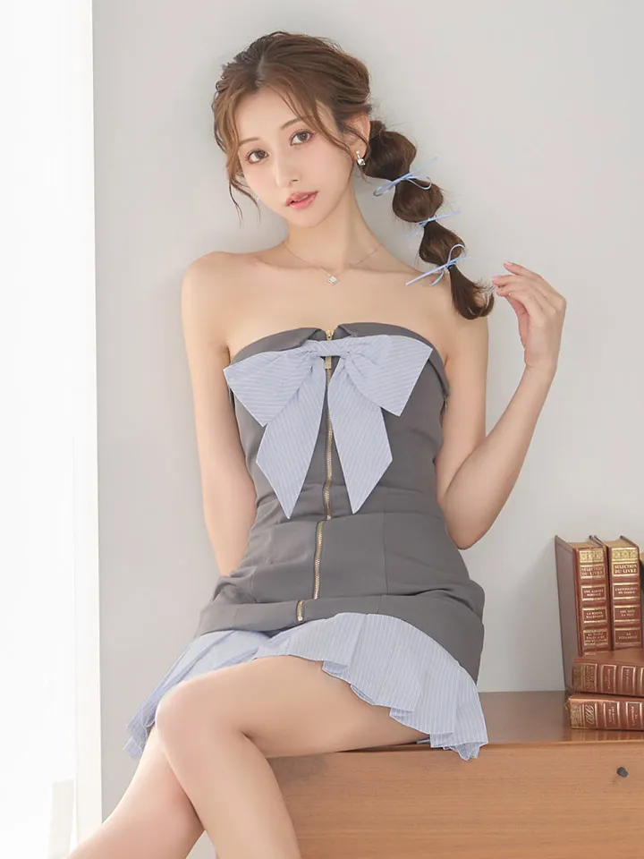 【ANIER./アニエル】【ROBE de FLEURS/ローブドフルール】springstripe ribbon bare mini dress/ リボン/ バイカラー/ ベア/ フレア/ ミニドレス/ キャバドレス3