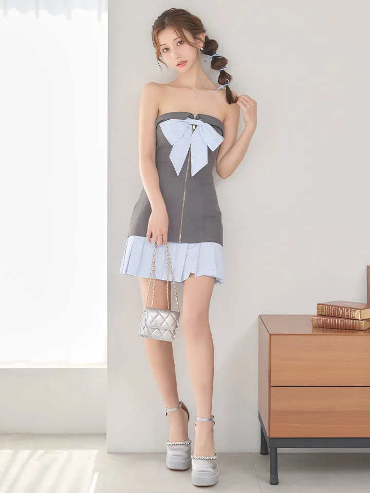 【ANIER./アニエル】【ROBE de FLEURS/ローブドフルール】springstripe ribbon bare mini dress/ リボン/ バイカラー/ ベア/ フレア/ ミニドレス/ キャバドレス4