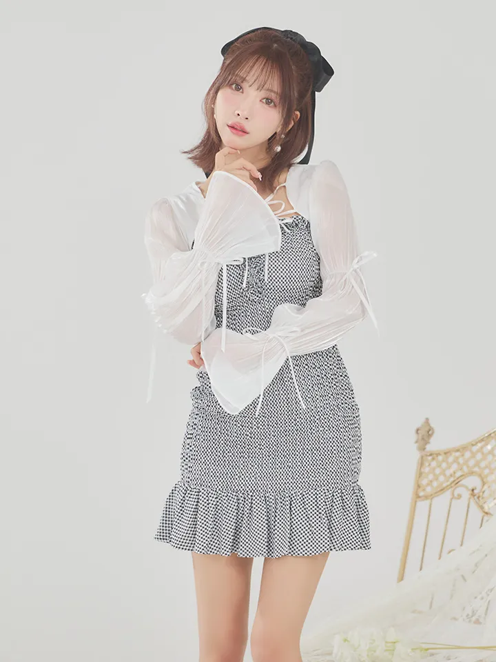 【an /アン】2way/ ボレロ付き/ ロングスリーブ/ フロントジップ/ ギンガムチェック/ リボン/ フリル/ ストレッチ/ タイト/ ミニドレス/ キャバドレス1
