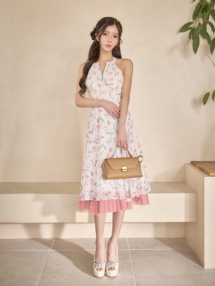 【an /アン】フラワープリント/ ホルターネック/ フリル/ ワンピース/ フレア/ Aライン/ ミディアムドレス/ キャバドレス1