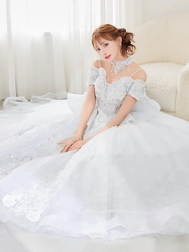 【couture an/クチュールアン】チョーカー付き/ オフショルダー/ ラメ/ スパンコール/ パール/ 刺繍/ リボン/ バックシャン/ フレア/ プリンセス/ ロングドレス/ キャバドレス4