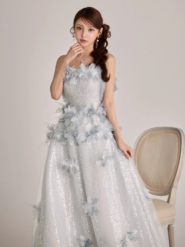 【couture an/クチュールアン】ベア/ オフショル/ 2way/ チュール/ レース/ ラメ/ 立体フラワー/ フレア/ プリンセス/ ロングドレス/ キャバドレス long2