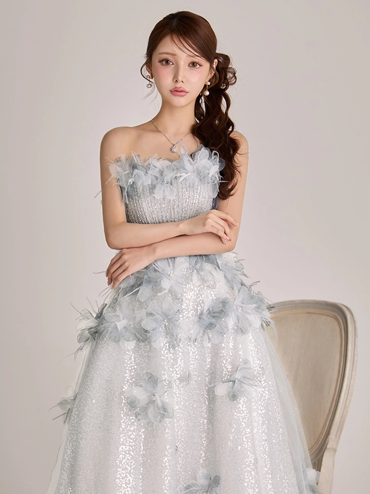 【couture an/クチュールアン】ベア/ オフショル/ 2way/ チュール/ レース/ ラメ/ 立体フラワー/ フレア/ プリンセス/ ロングドレス/ キャバドレス long3