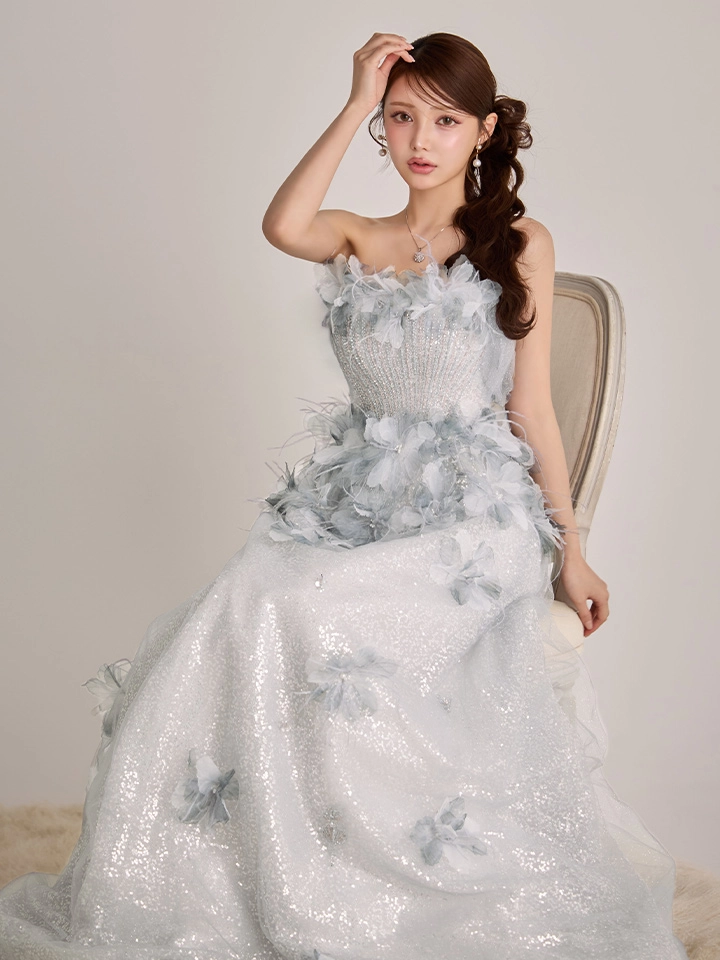 【couture an/クチュールアン】ベア/ オフショル/ 2way/ チュール/ レース/ ラメ/ 立体フラワー/ フレア/ プリンセス/ ロングドレス/ キャバドレス long4