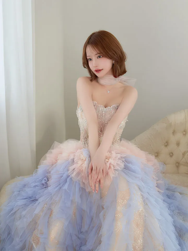 【couture an/クチュールアン】チョーカー付き/ リボン/ グラデーション/ ベア/ ビジュー/ スパンコール/ チュール/ フレア/ スピンドル/ Aライン/ カラードレス/ フリル/ サイドシアー/ プリンセス/ ロングドレス/ キャバドレス long1