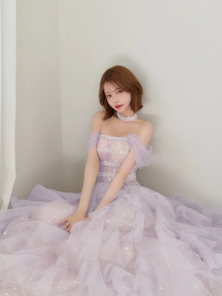 【couture an/クチュールアン】チョーカー付/ チュール/ ラメ/ スパンコール/ シアー/ フレア/ プリンセス/ フリル/ ビジュー/ カラードレス/ ロングドレス/ キャバドレス long1