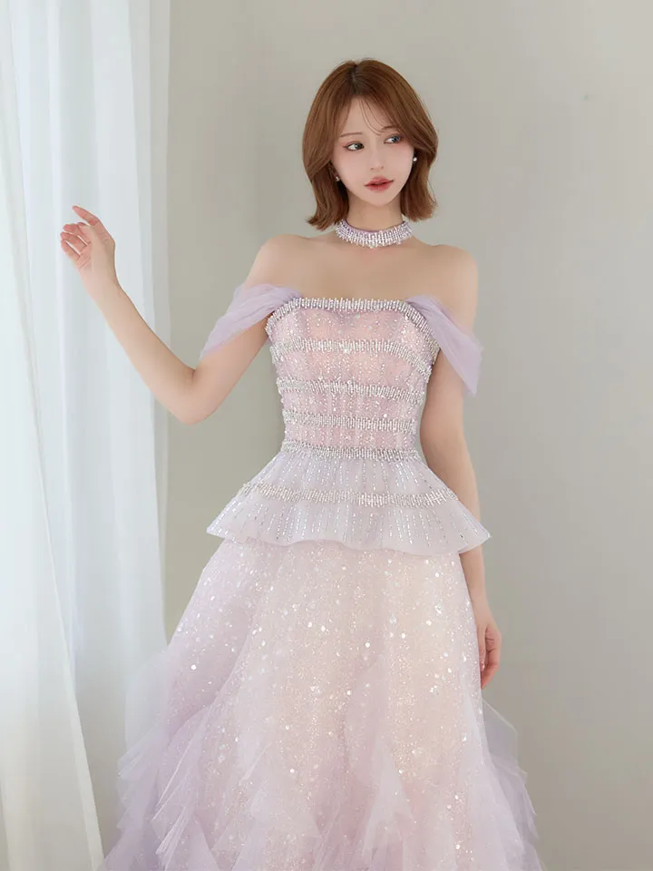 【couture an/クチュールアン】チョーカー付/ チュール/ ラメ/ スパンコール/ シアー/ フレア/ プリンセス/ フリル/ ビジュー/ カラードレス/ ロングドレス/ キャバドレス long2