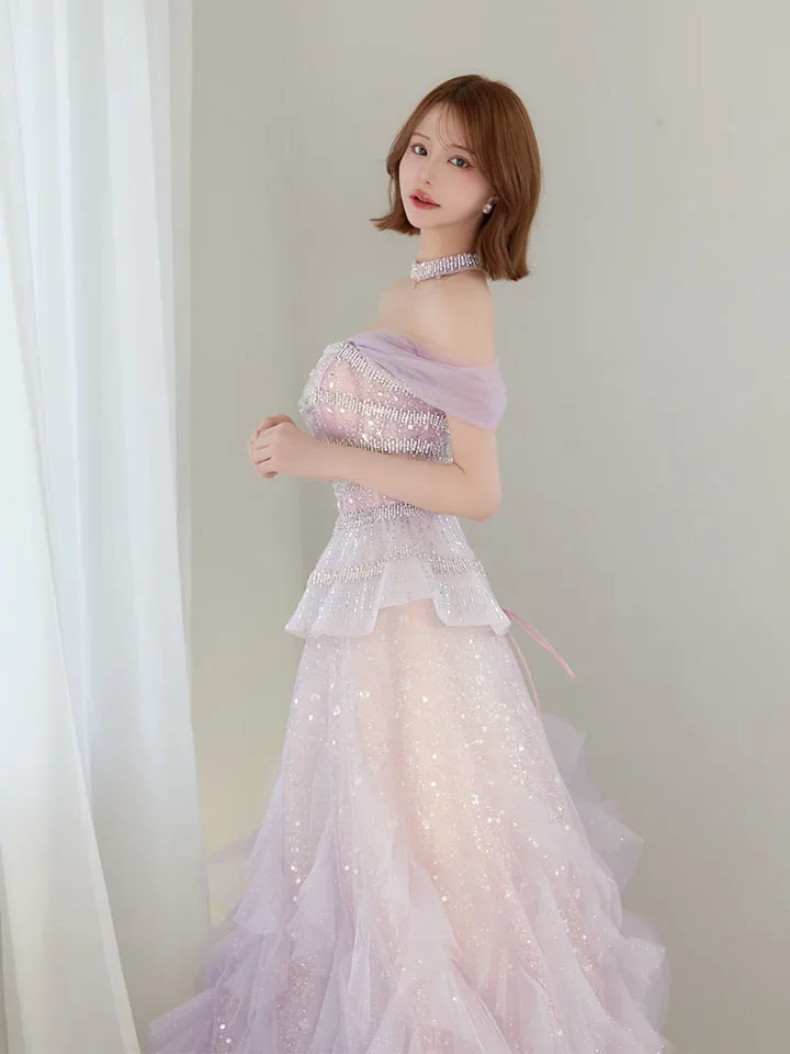 【couture an/クチュールアン】チョーカー付/ チュール/ ラメ/ スパンコール/ シアー/ フレア/ プリンセス/ フリル/ ビジュー/ カラードレス/ ロングドレス/ キャバドレス long4