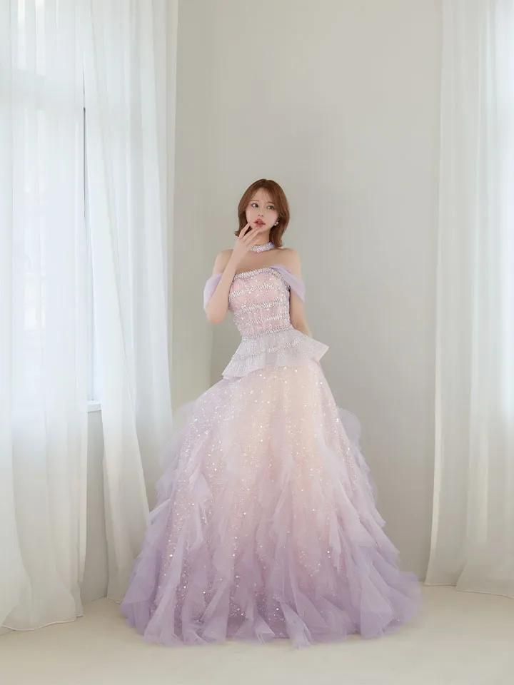 【couture an/クチュールアン】チョーカー付/ チュール/ ラメ/ スパンコール/ シアー/ フレア/ プリンセス/ フリル/ ビジュー/ カラードレス/ ロングドレス/ キャバドレス long5