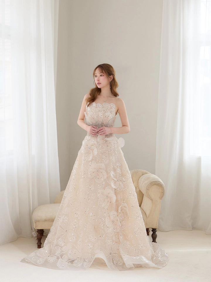 【couture an/クチュールアン】立体フラワー/ シアー/ チュール/ フリル/ フラワー刺繍/ ビジュー/ ラメ/ スパンコール/ フレア/ プリンセス/ ベア/ ロングドレス/ キャバドレス long1