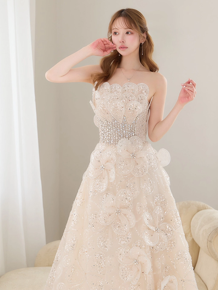 【couture an/クチュールアン】立体フラワー/ シアー/ チュール/ フリル/ フラワー刺繍/ ビジュー/ ラメ/ スパンコール/ フレア/ プリンセス/ ベア/ ロングドレス/ キャバドレス long1