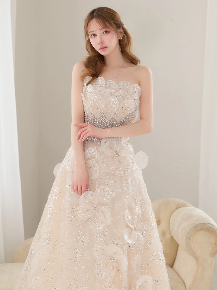 【couture an/クチュールアン】立体フラワー/ シアー/ チュール/ フリル/ フラワー刺繍/ ビジュー/ ラメ/ スパンコール/ フレア/ プリンセス/ ベア/ ロングドレス/ キャバドレス long1