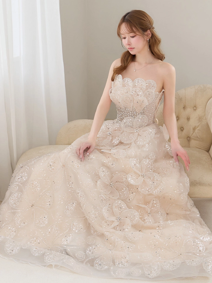 【couture an/クチュールアン】立体フラワー/ シアー/ チュール/ フリル/ フラワー刺繍/ ビジュー/ ラメ/ スパンコール/ フレア/ プリンセス/ ベア/ ロングドレス/ キャバドレス long1