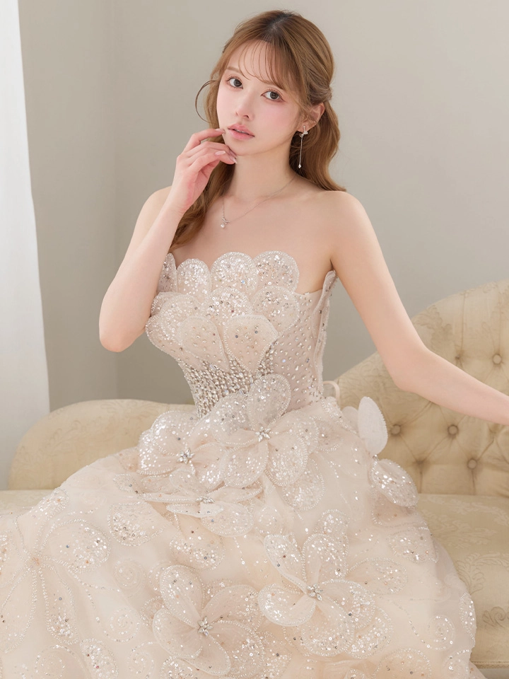 【couture an/クチュールアン】立体フラワー/ シアー/ チュール/ フリル/ フラワー刺繍/ ビジュー/ ラメ/ スパンコール/ フレア/ プリンセス/ ベア/ ロングドレス/ キャバドレス long1