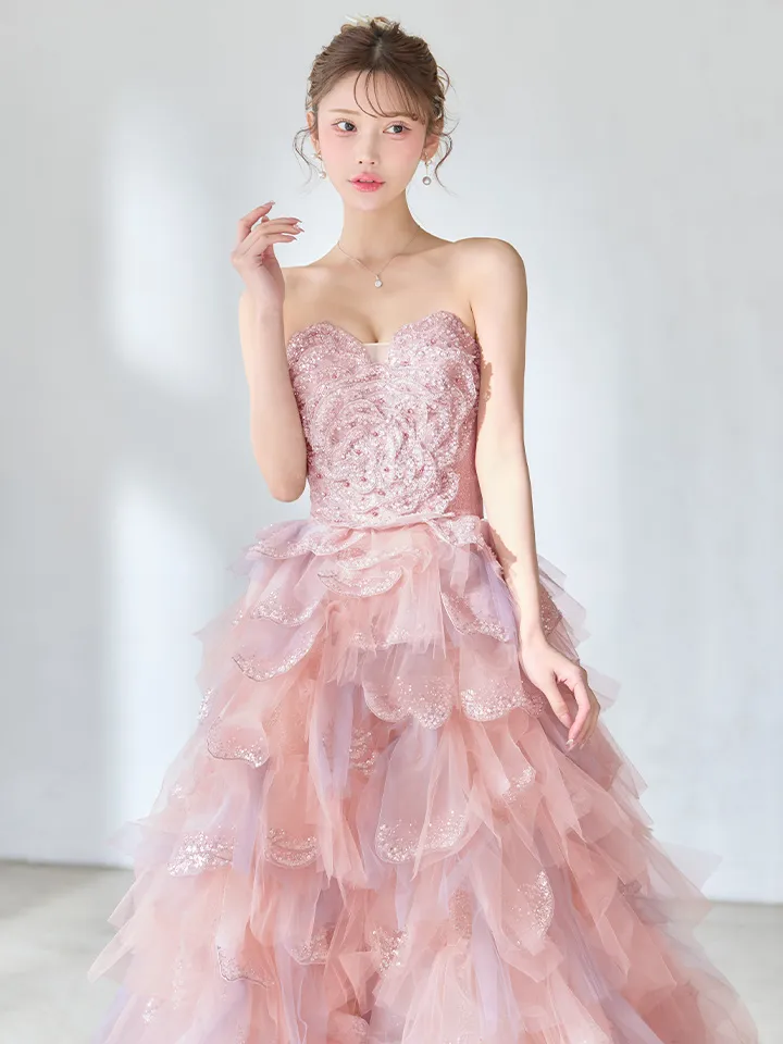 【couture an/クチュールアン】立体フラワーレース/ チュール/ ティアードフリル/ グラデーション/ ビジュー/ スパンコール/ フレア/ プリンセス/ カラードレス/ ロングドレス/ キャバドレス long2