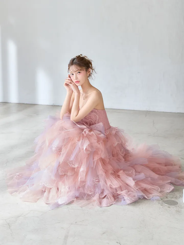 【couture an/クチュールアン】立体フラワーレース/ チュール/ ティアードフリル/ グラデーション/ ビジュー/ スパンコール/ フレア/ プリンセス/ カラードレス/ ロングドレス/ キャバドレス long3