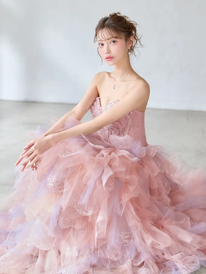 【couture an/クチュールアン】立体フラワーレース/ チュール/ ティアードフリル/ グラデーション/ ビジュー/ スパンコール/ フレア/ プリンセス/ カラードレス/ ロングドレス/ キャバドレス long4