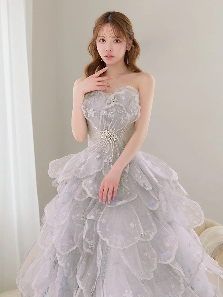 【couture an/クチュールアン】立体フラワーレース/ チュール/ シアー/ ティアード/ フリル/ フラワー刺繍/ ビジュー/ ラメ/ スパンコール/ フレア/ プリンセス/ カラードレス/ ロングドレス/ 〜キャバドレス2