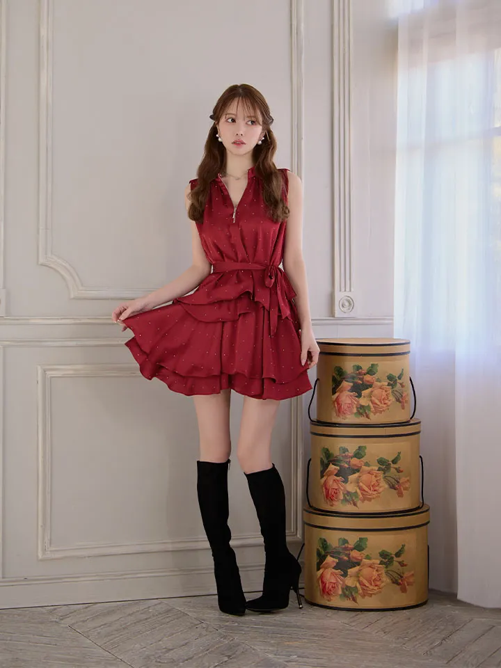 【an /アン】ハイネック/ バストジップ/ ノースリーブ/ リボンベルト/ ティアード/ フリル/ フレア/ ラインストーン/ ミニドレス/ キャバドレス2