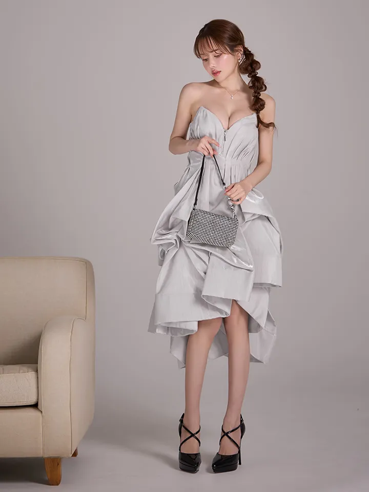 【an/アン】ベア/  バストジップ/ タック/ 変形ヘム/ フレア/ ミディアムドレス/ キャバドレス1