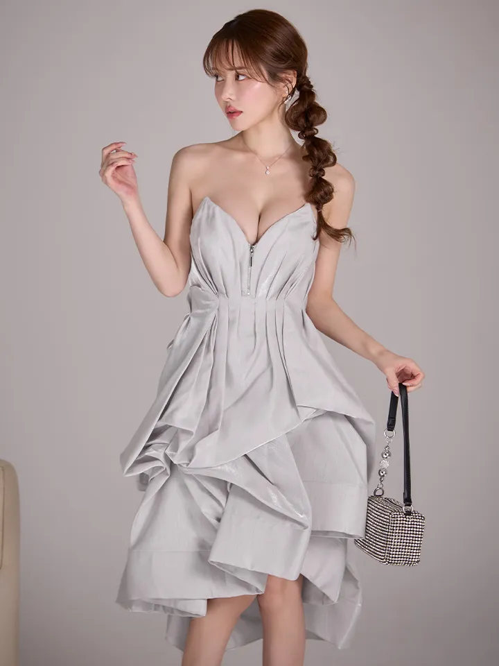 【an/アン】ベア/  バストジップ/ タック/ 変形ヘム/ フレア/ ミディアムドレス/ キャバドレス2