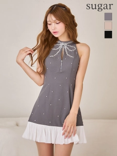 【an/アン】ビジュー/ スパンコール/ リボン/ ハイネック/ バストジップ/ ノースリーブ/ バイカラー/ 切替/ フレア/ ミニドレス/ キャバドレス