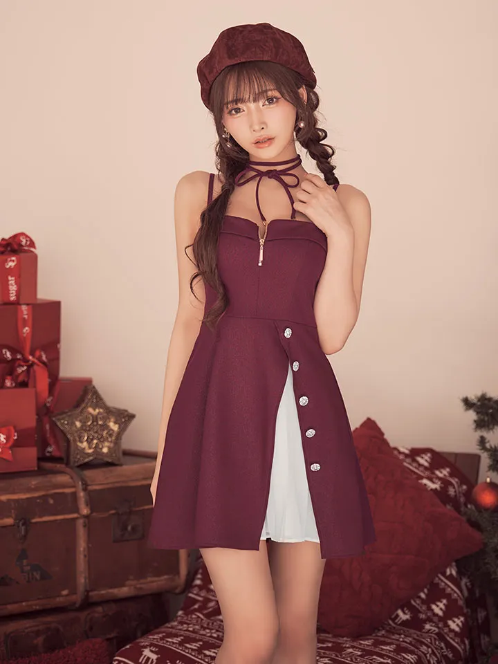 【an/アン】チョーカー付き/ ラメ/ バストジップ/ ビジューボタン/ アシンメトリー/ キャミ/ フレア/ ミニドレス/ キャバドレス2