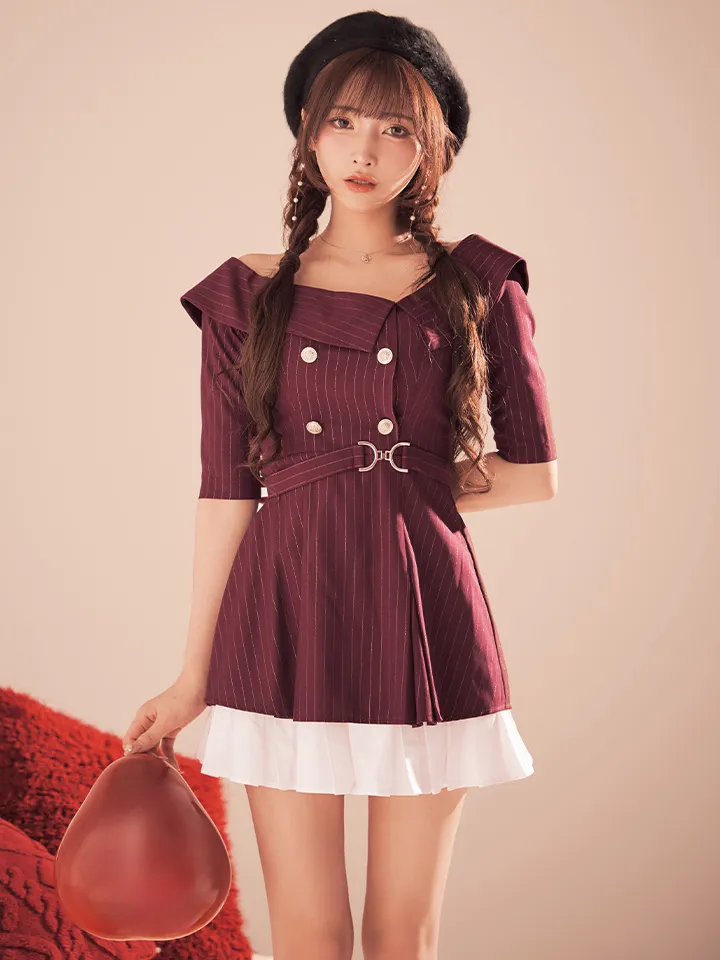 【an /アン】ベルト/ オフショル/ ハーフスリーブ/ ストライプ/ ボタン/ フレア/ ワンピース/ ミニドレス/ キャバドレス3