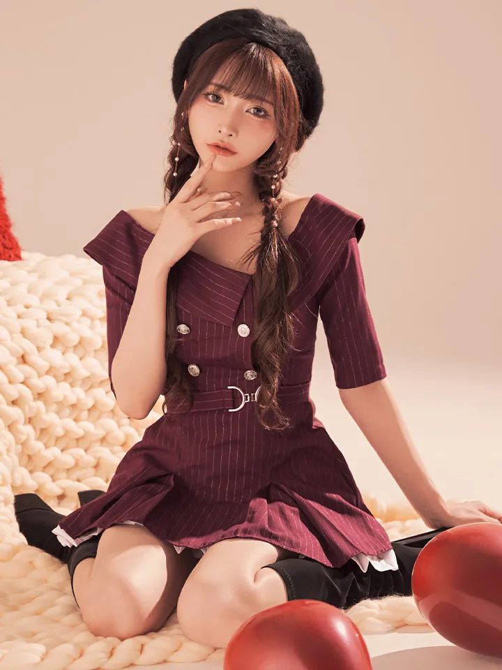 【an /アン】ベルト/ オフショル/ ハーフスリーブ/ ストライプ/ ボタン/ フレア/ ワンピース/ ミニドレス/ キャバドレス4