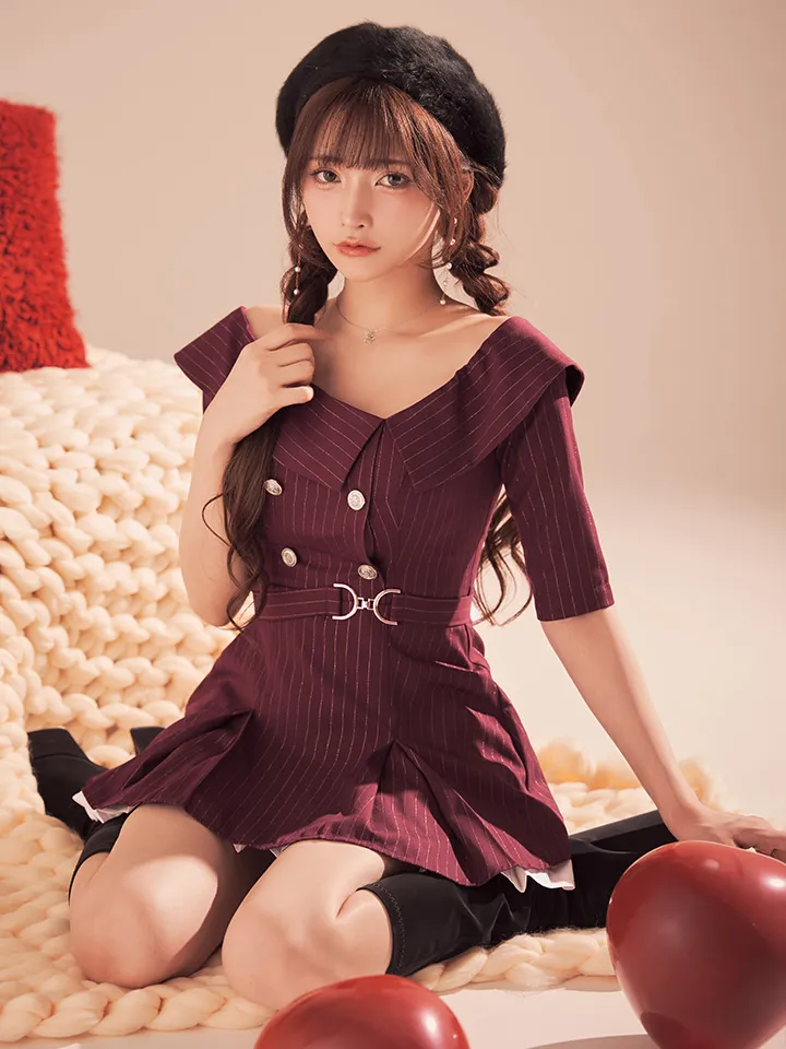 【an /アン】ベルト/ オフショル/ ハーフスリーブ/ ストライプ/ ボタン/ フレア/ ワンピース/ ミニドレス/ キャバドレス5