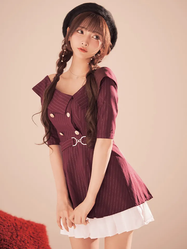 【an /アン】ベルト/ オフショル/ ハーフスリーブ/ ストライプ/ ボタン/ フレア/ ワンピース/ ミニドレス/ キャバドレス2