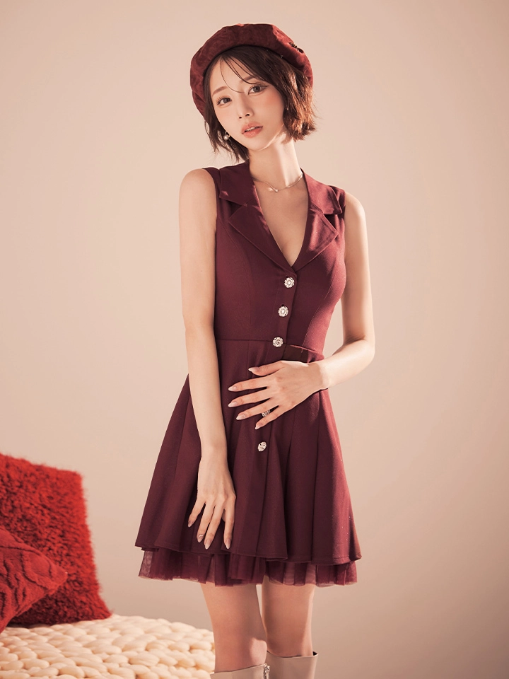【an /アン】襟付き/ ボタン/ シンプル/ プリーツ/ フレア/ ノースリーブ/ ミニドレス/ キャバドレス2