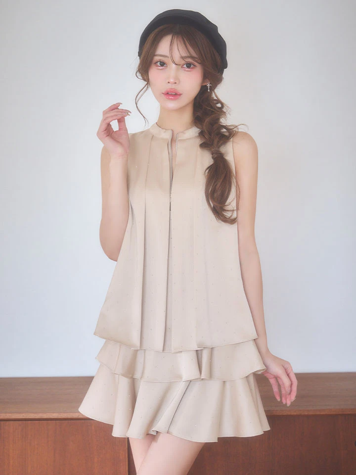 商品名の「【an /アン】ラインストーン/ バストジップ/ ノースリーブ/ ティアードフリル/ セットアップ/ フレア/ ミニドレス/ キャバドレス4