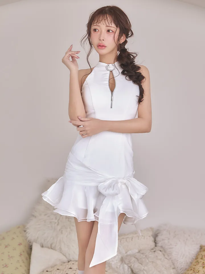 【an/アン】ハイネック/ バストジップ/ ネックビジュー/ リボン/ フリル/ フレア/ ミニドレス/ キャバドレス2