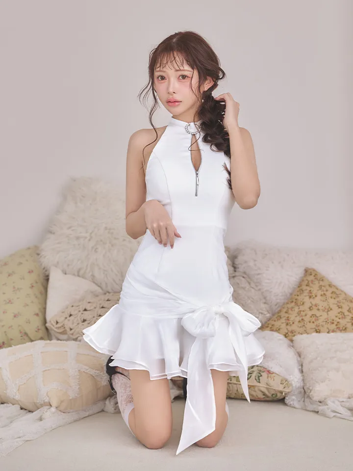 【an/アン】ハイネック/ バストジップ/ ネックビジュー/ リボン/ フリル/ フレア/ ミニドレス/ キャバドレス4