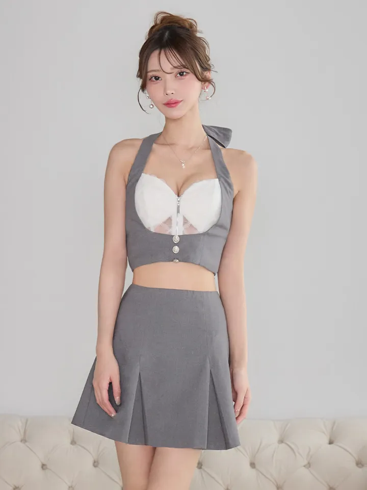 【an/アン】ホルターネック/ バックリボン/ バストジップ/ ノースリーブ/ シアーレース/ プリーツ/ フレア/ セットアップ/ ミニドレス/ キャバドレス3