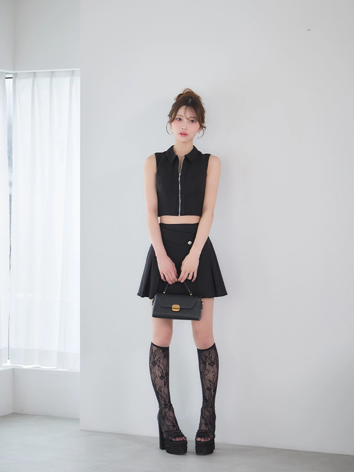 【an /アン】 バイカラーあり/ ラメ/ ビジューボタン/ ノースリーブ/ ウエスト折り返し/ ボックスプリーツ/ バストジップ/ フレア/ セットアップ/ ミニドレス/ キャバドレス1