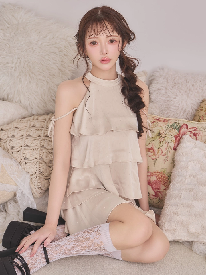 【an /アン】ラインストーン/ ハイネック/ アメリカンスリーブ/ ショルダーリボン/ ティアード/ フレア/ ミニドレス/ キャバドレス3