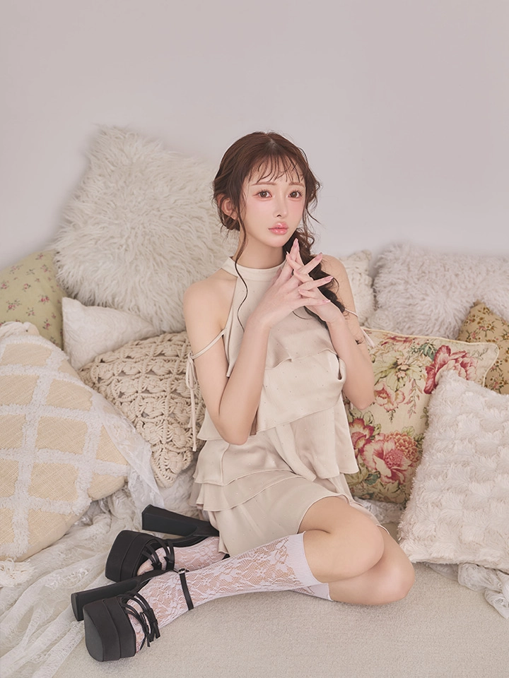 【an /アン】ラインストーン/ ハイネック/ アメリカンスリーブ/ ショルダーリボン/ ティアード/ フレア/ ミニドレス/ キャバドレス4