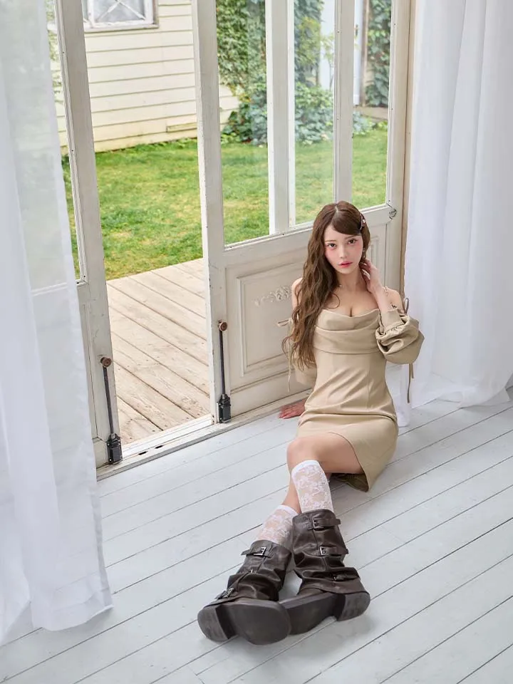 【ANGEL R/エンジェルアール】バストドレープ/ リボン/ 2way/ ロングスリーブ/ オフショル/ シンプル/ タイト/ ミニドレス/ キャバドレス1