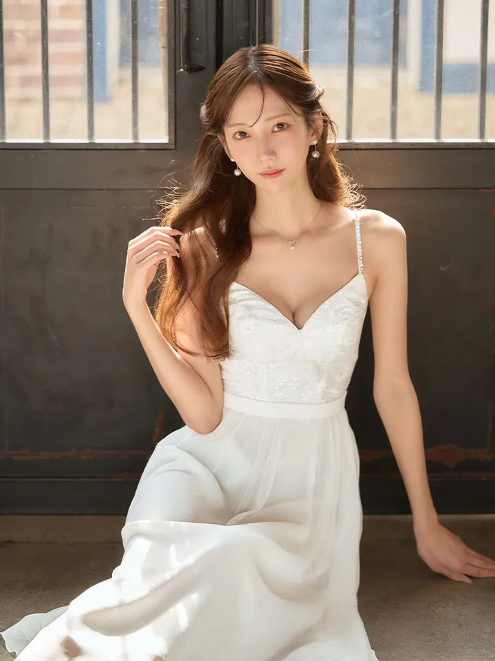 【ANGEL R/エンジェルアール】アッパーフラワーデザイン/ ウエストマーク/ ビジュー/ シフォン/ フレア/ ワンピース/ ミディアムドレス/ キャバドレス long1